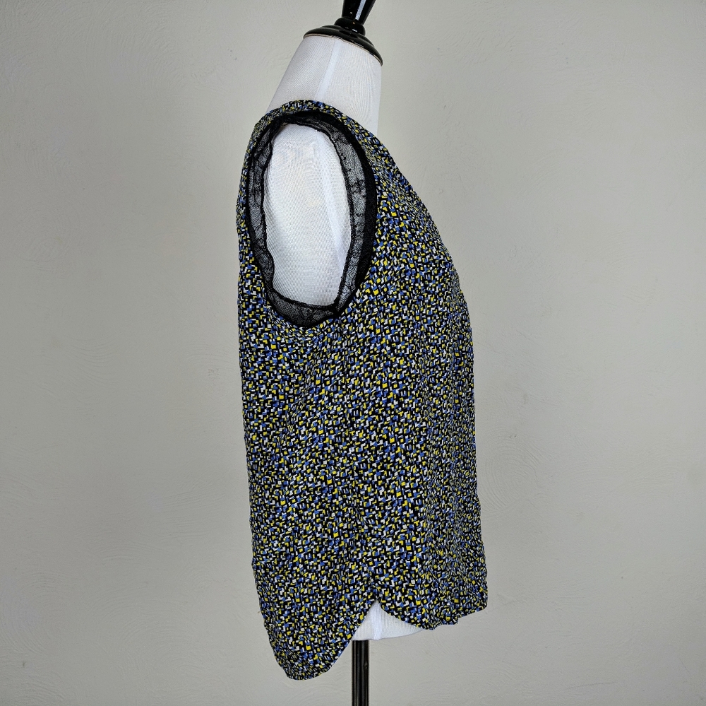 Sandro Paris Top Silk Blouse Geometric Pixel Print Luxury Designer Blue Black - Picture 4 of 8